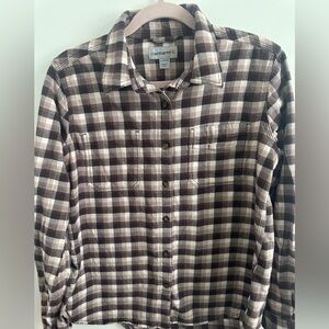 Carhartt Women’s Plaid Flannel Button Up Shirt Brown Taupe Size L